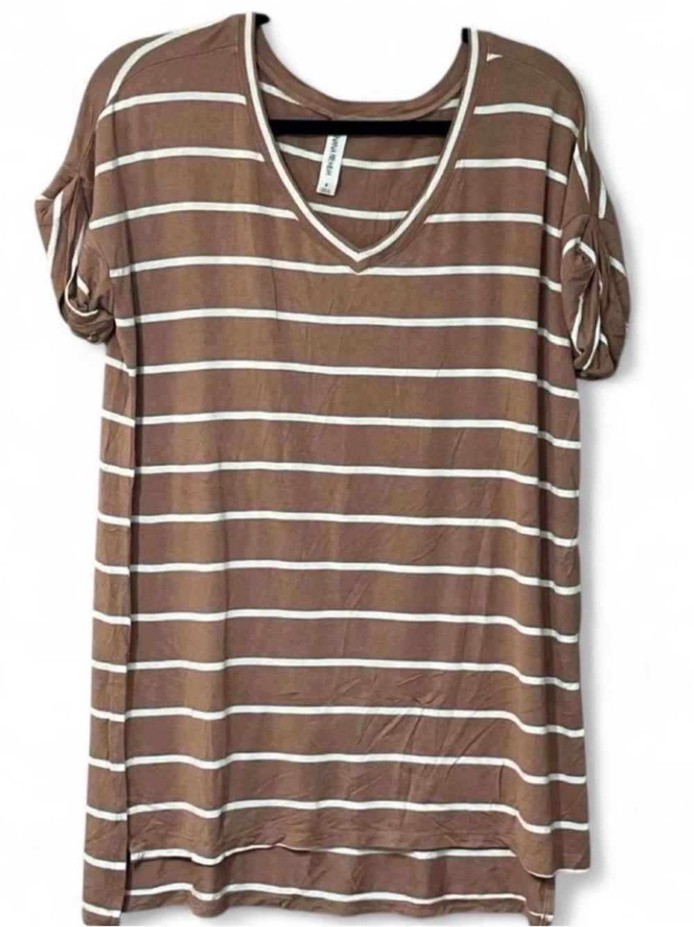 Zenana Outfitters Brown & White Striped V‑Neck Tunic